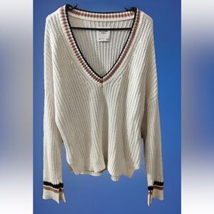 Abercrombie & Fitch Sweater Women L White Varsity Stripe V Neck Knit Crop Preppy